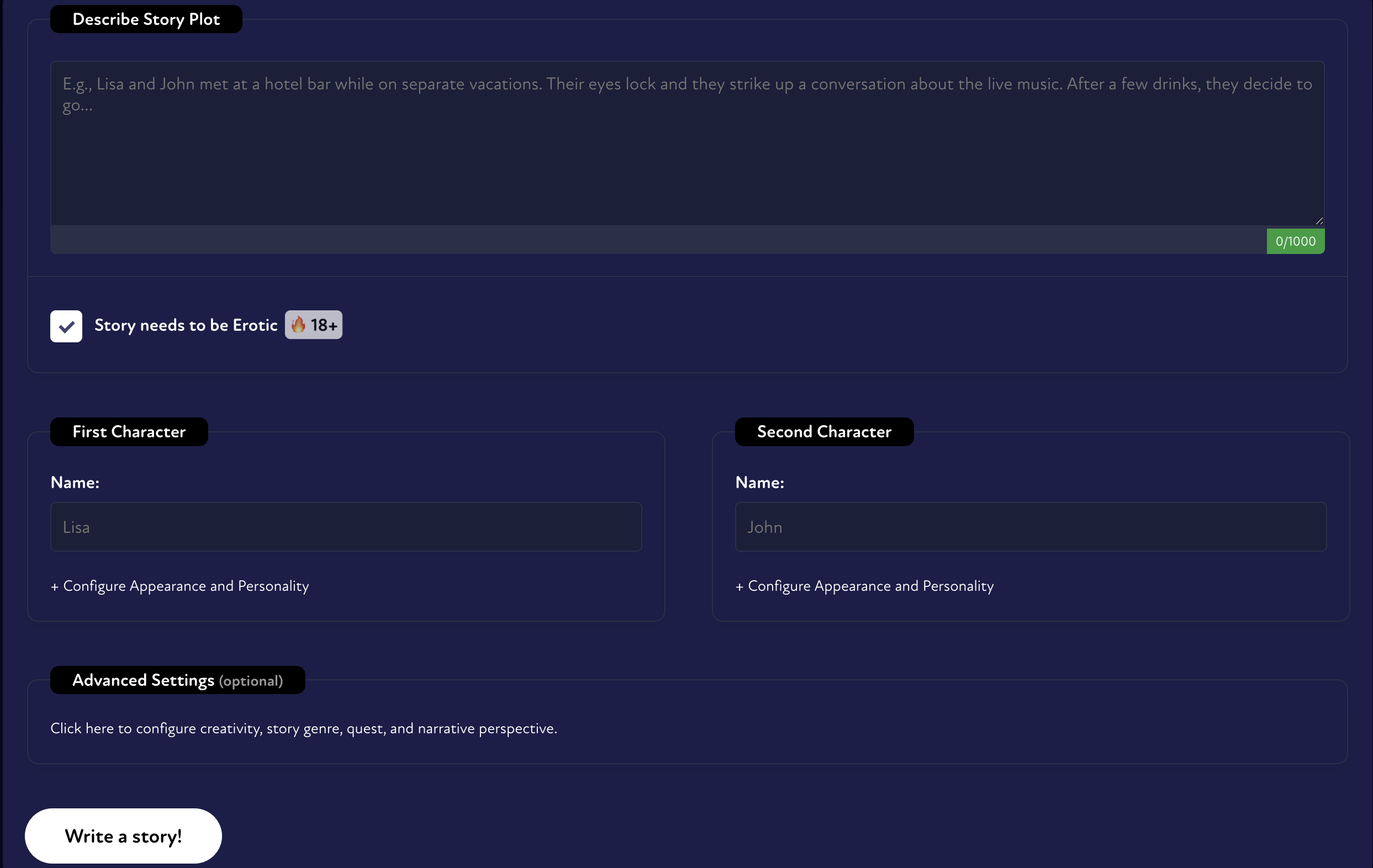 screenshot of my spicy vanilla ai story generator
